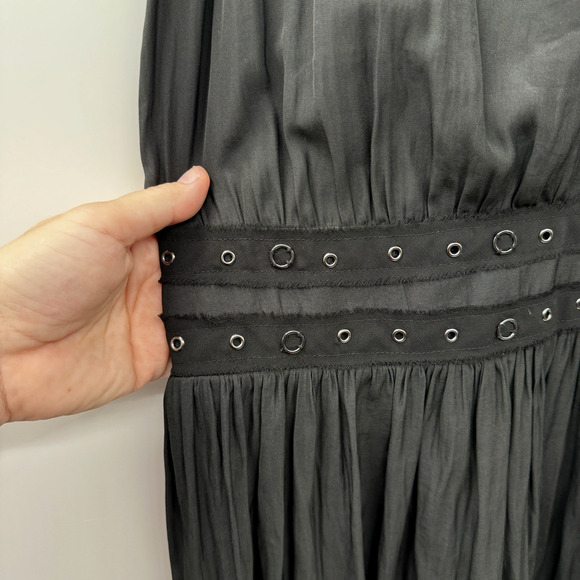 Ramy Brook Mannie Silky Drop Waist Dress Grommet Details Sz S* Black Grunge - Picture 5 of 14